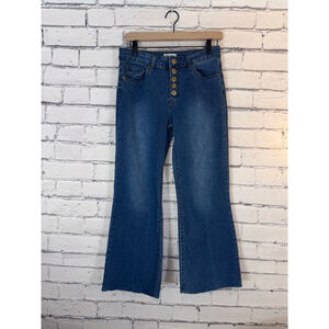 DOMICOCO Flare & Wide Leg Blue Jeans Size 7 Exposed Button Fly Raw Hem Boho EUC